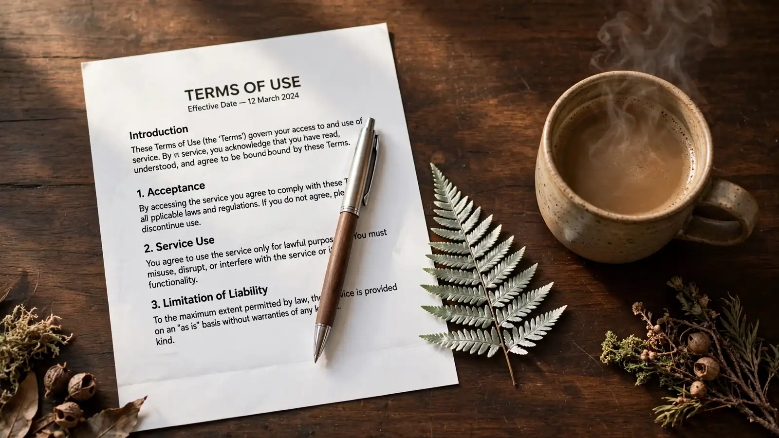 Printed Terms of Use document on a desk with a pen and a New Zealand silver fern leaf