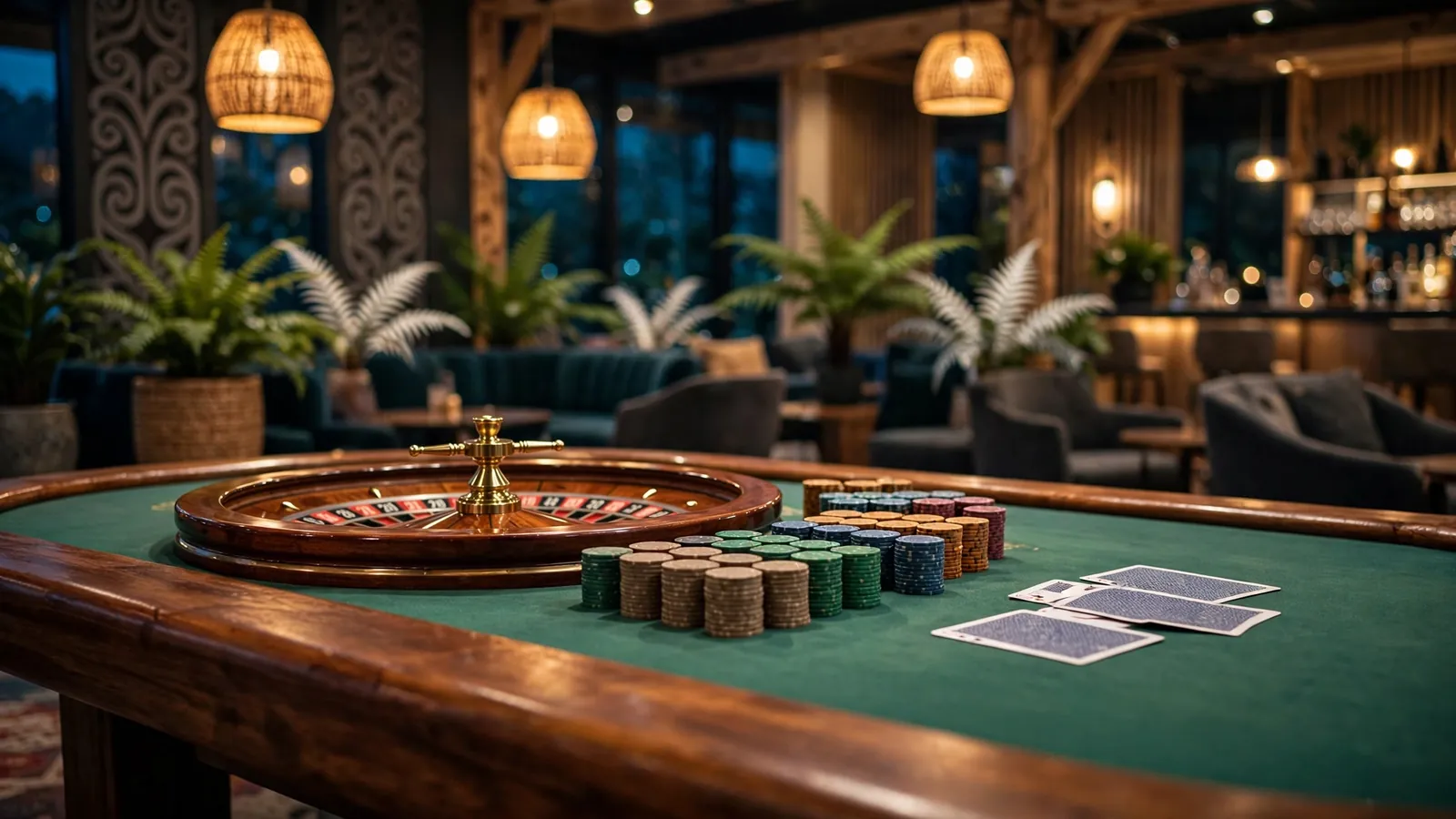 Elegant New Zealand casino interior with roulette table and chips