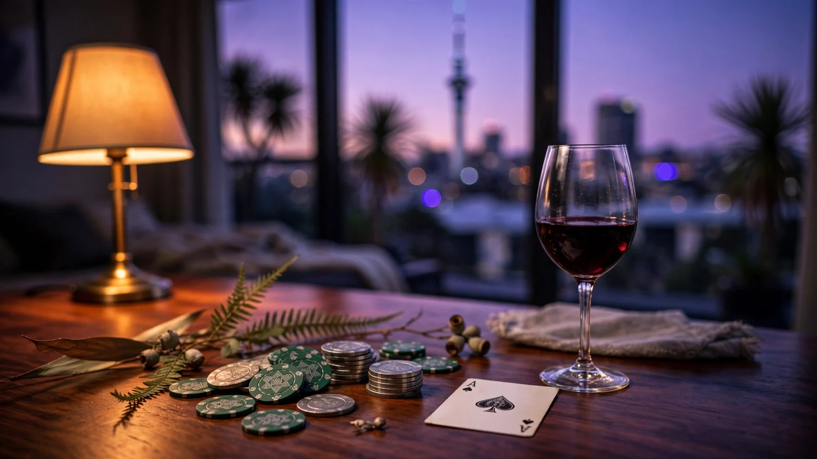 Casino chips, playing card, and wine glass on a table with Auckland skyline at dusk.