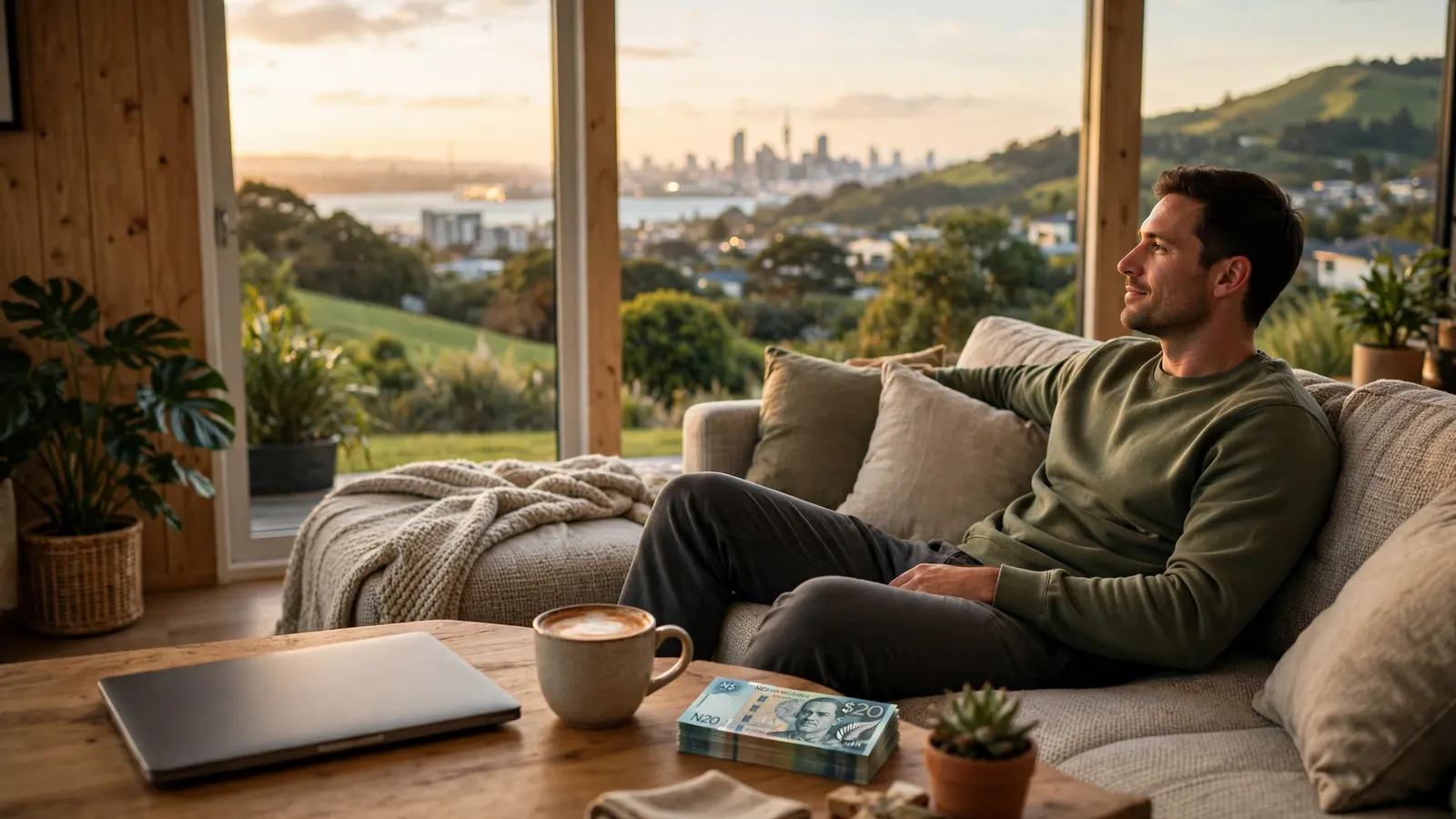 Person at home in New Zealand with NZ dollars on table and a laptop