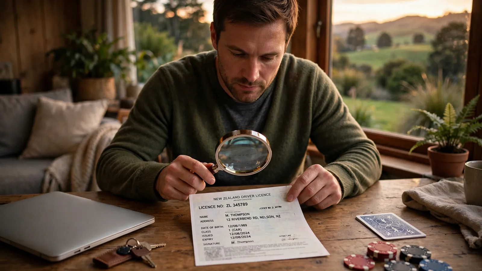 Person in New Zealand verifying casino licence documents with magnifying glass