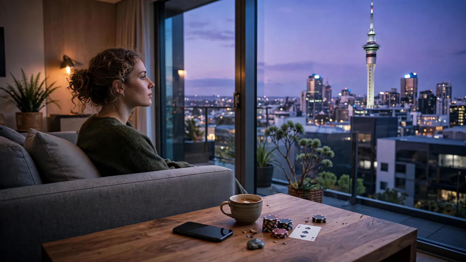 Person beside smartphone with casino chips in Auckland apartment at dusk